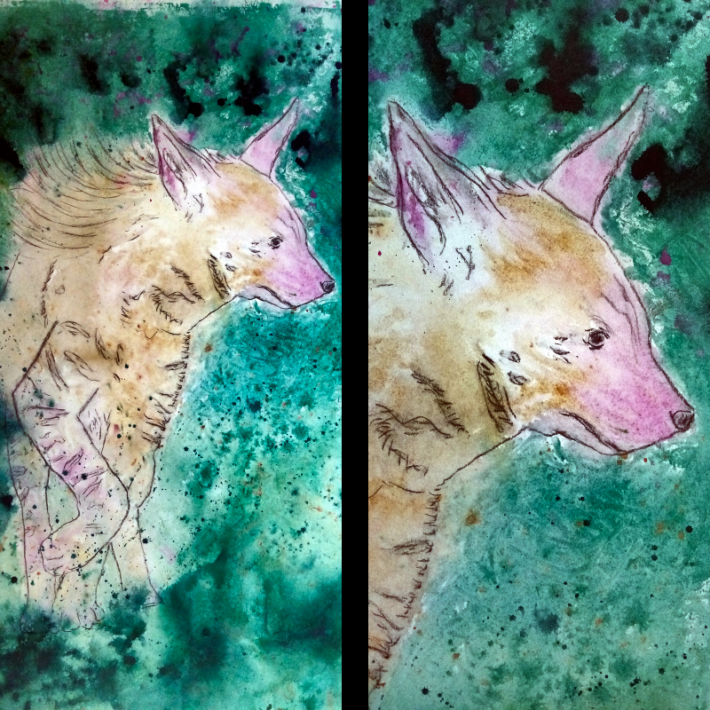 an acrylic painting of a stryped hyaena
