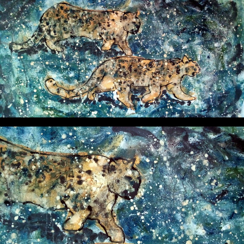 an acrylic painting of two snow leopards
