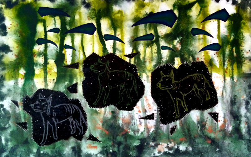 an acrylic painting/collage of a Tasmanian Tiger